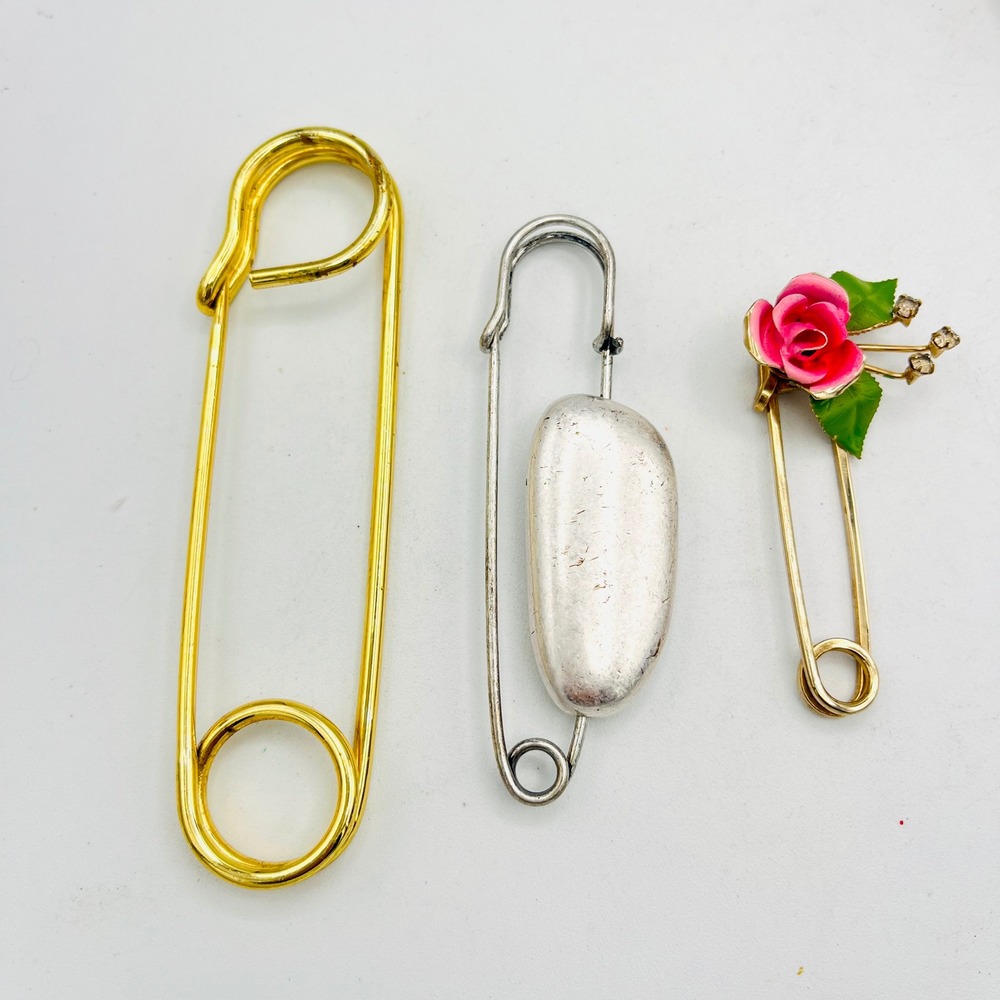 Vintage Safety Pin Brooch Lot Gold Silver Tone Pink Enamel Rose Pin Bag Charm